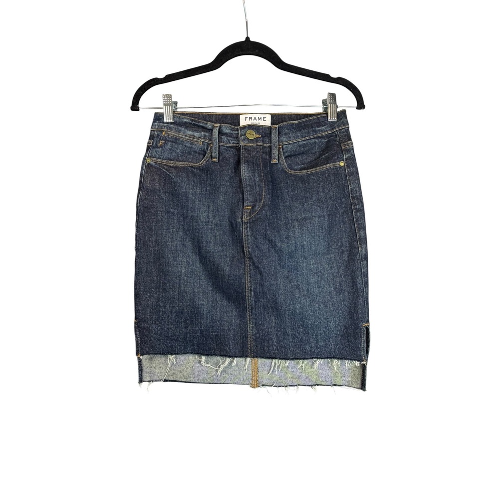 FRAME Denim Le High Mini Skirt Dark Wash Indigo Raw Step Hem Size 26